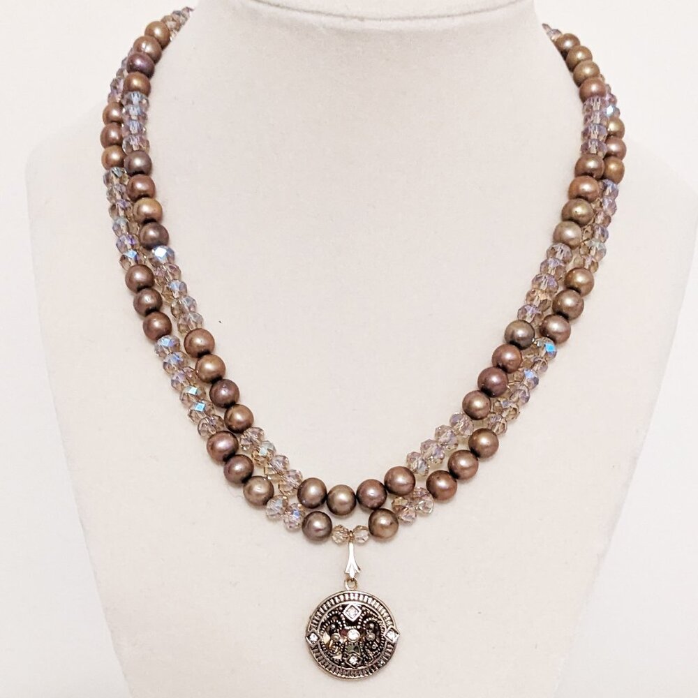 Handmade Double Strand Gold Pearl and Crystal Necklace with Photo Locket